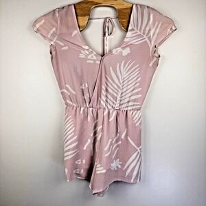 Lulus Women's Medium‎ Lined Pink Maeve Palm Leaf Romper Open Back